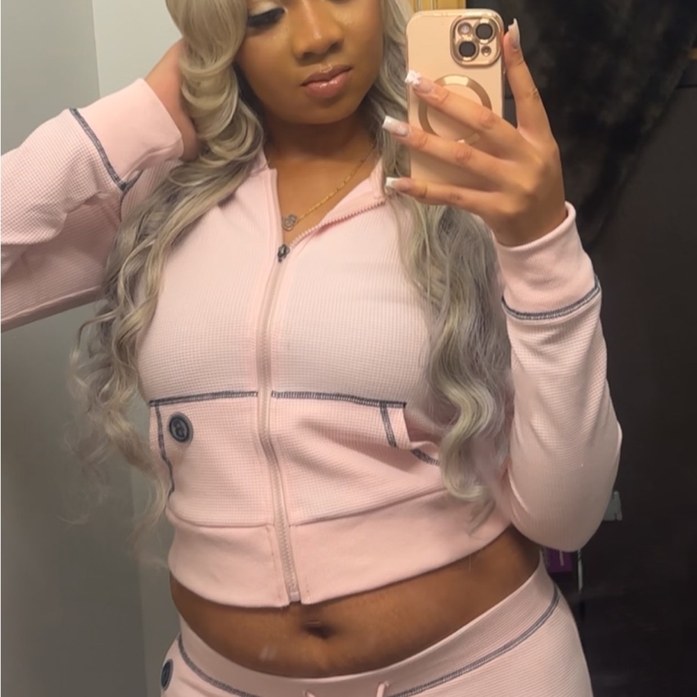 Pink Button-Up Hoodie and Pants Set